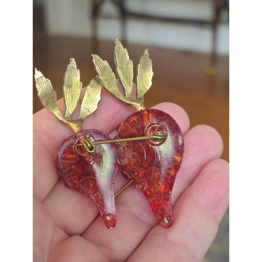 Rare FORBIDDEN FRUIT Radish HOT PINK Rhinestone LUCITE PIN BROOCH Vintage